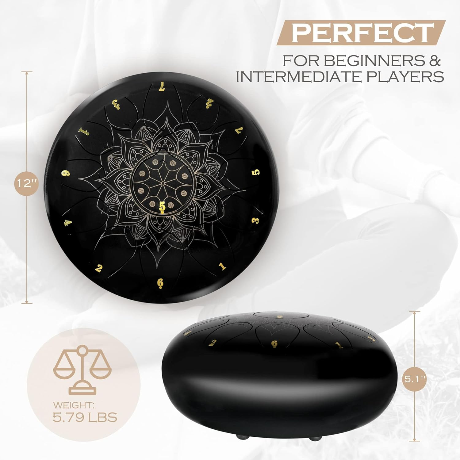 Lexington Steel Tongue Drum Kit C Major with Lotus Pattern, 13 Notes 12 Inches Percussion Instrument, Hand Pan Drums with Music Book, Drum Mallets and Carry Bag, Black