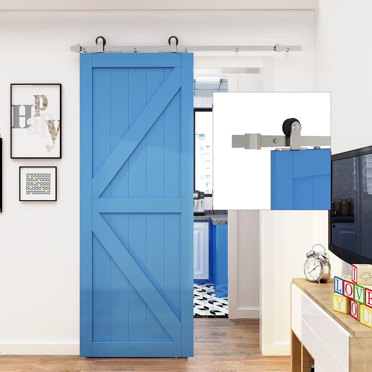JUBEST Satin Nickel Sliding Barn Door Hardware Kit Smoothly and Quietly Hanger Roller Flat Track Kit J Shape Roller