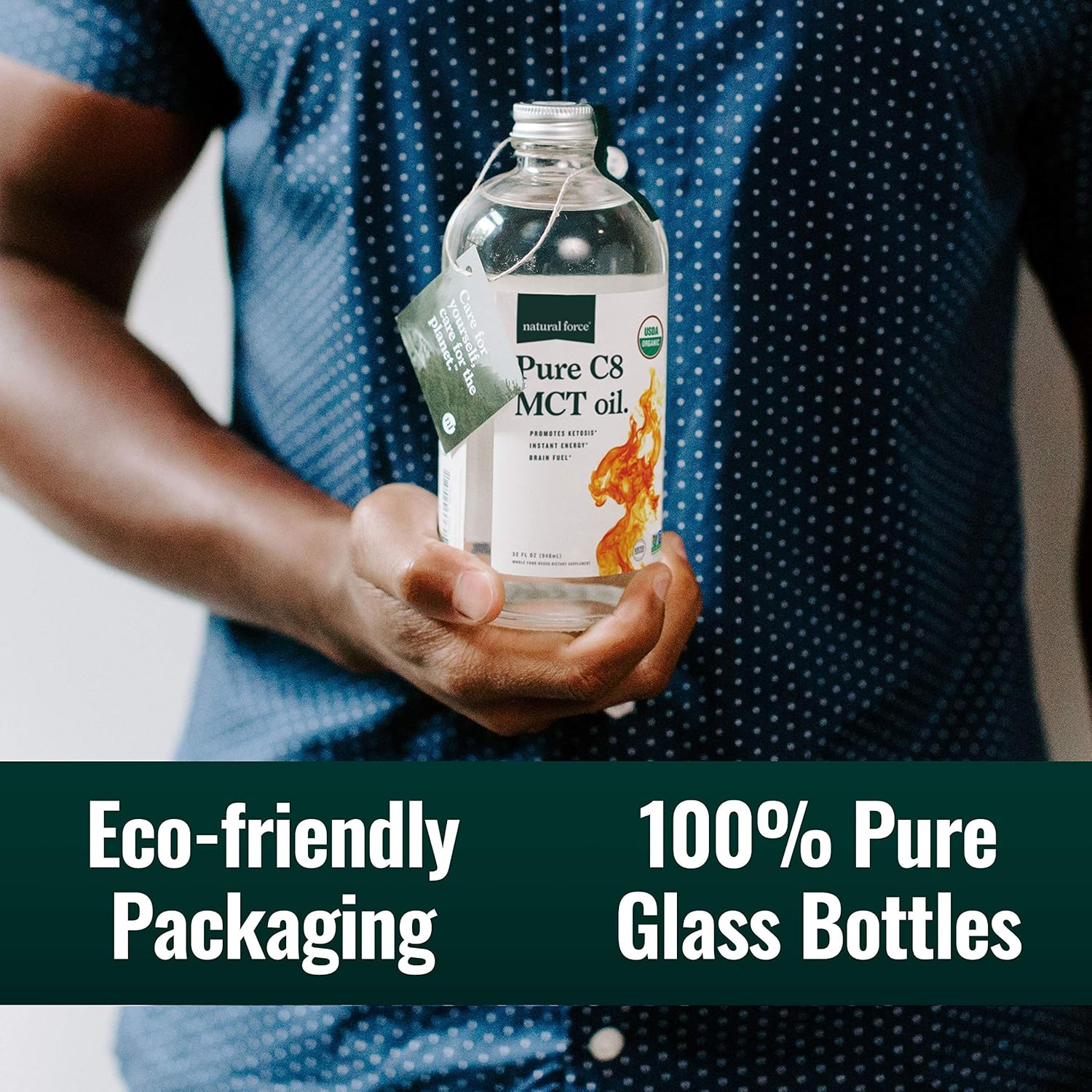 Natural Force Organic Pure C8 MCT Oil – Liquid MCT Oil in Glass Bottle Container – Concentrated Caprylic Acid – Keto, Paleo, Kosher, Vegan & Non-GMO – Lab Tested for Quality and Purity, 32 Ounce Pack of 2