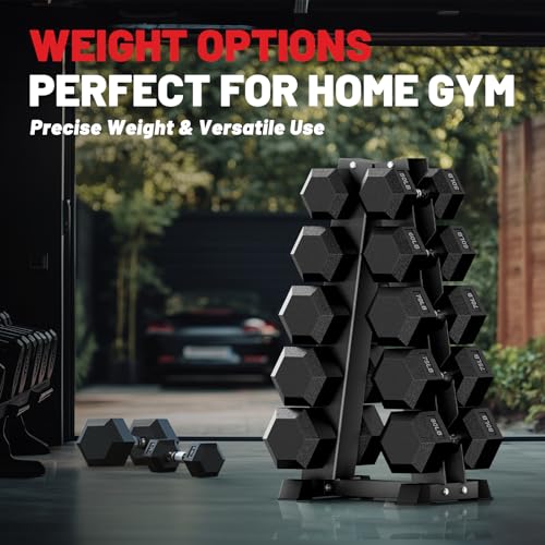 PAPABABE Hex Dumbbell Set with Rack, Rubber Encased Dumbbell Free Weights Set for Home Gym