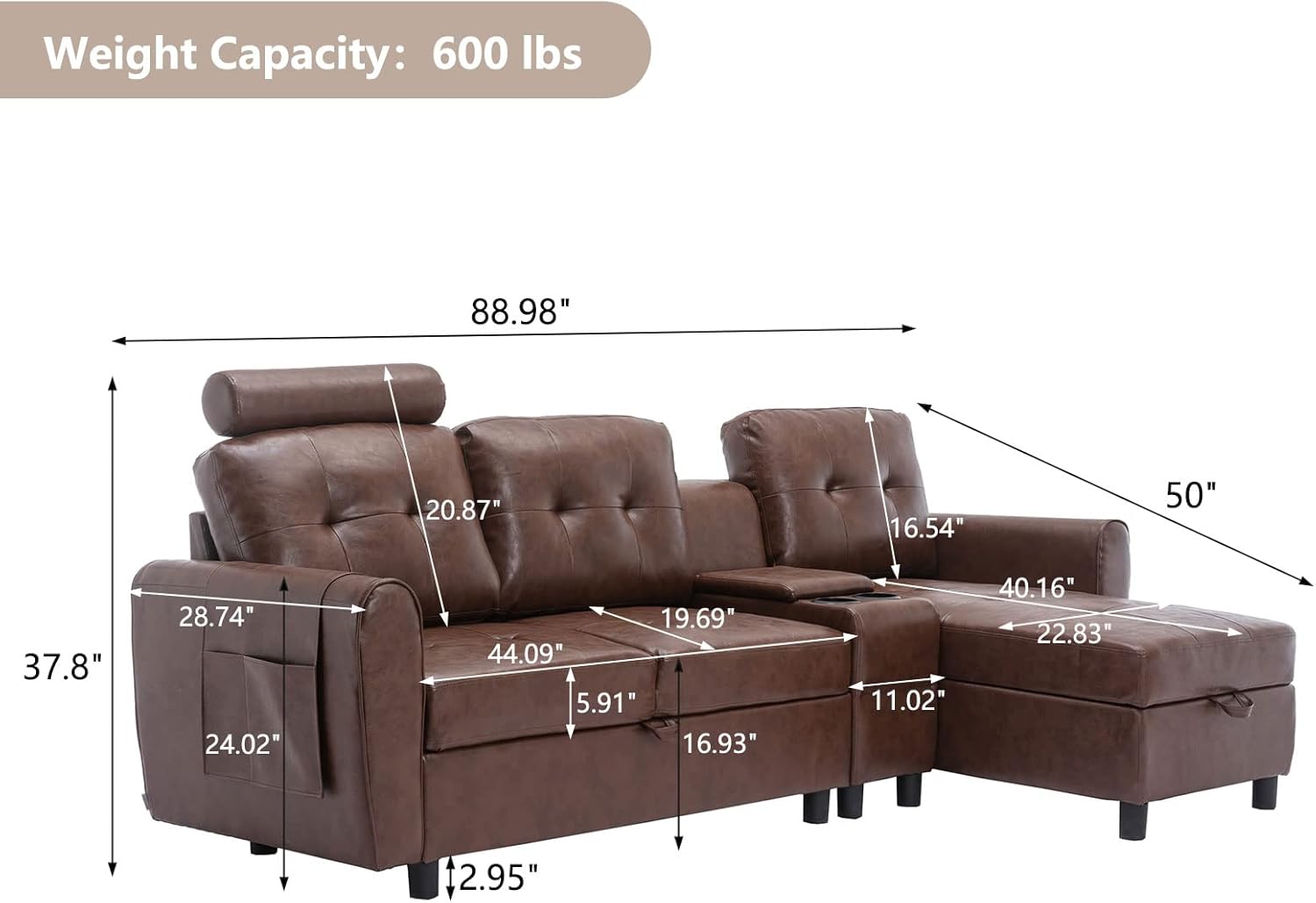 GNIXUU 89" Sectional Storage Sofa, L Shaped Couch with Cup Holders & Adjustable Headrest, 3 Seat Couches for Living Room, Small Spaces, Apartment, Brown PU Leather