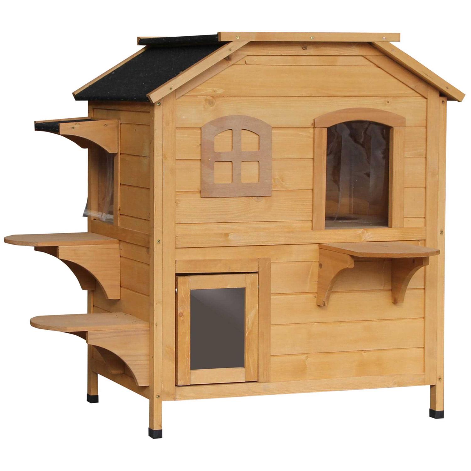 PawHut Wooden 2-Story Outdoor Cat House with Escape Door, Cat Openable Roof Platforms - Pet Supplies online store