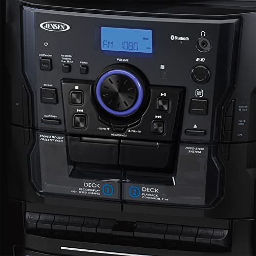 Jensen® Bluetooth® 3 Speed Stereo Turntable 3 CD Changer Music System with Dual Cassette Deck, Pitch Control and Remote Control