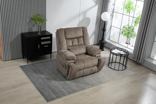Light Grey Recliner Chair for Elderly | Tall and Big Man 400lbs | Chenille | Power Lift, Lay Flat, Stand Up, Wireless Charging Device, Extended Footrest, Massage Heat, Cup Holder, Lumbar Pillow