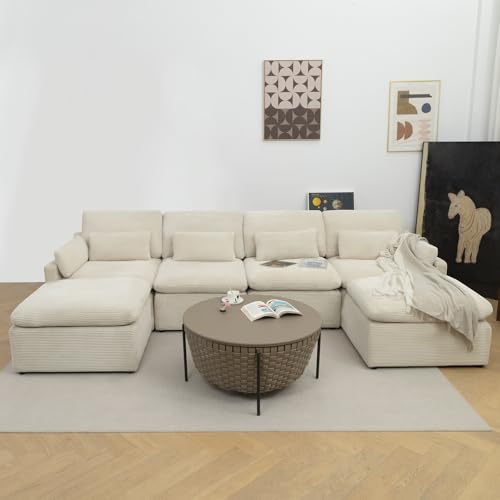 Modular Sectional Sofa, Cloud Couches with Fluffy Corduroy, Convertible U Shaped Couch with Ottomans, Comfy Oversized 4 Seater Sofa Couch Set with Chaise for Living Room