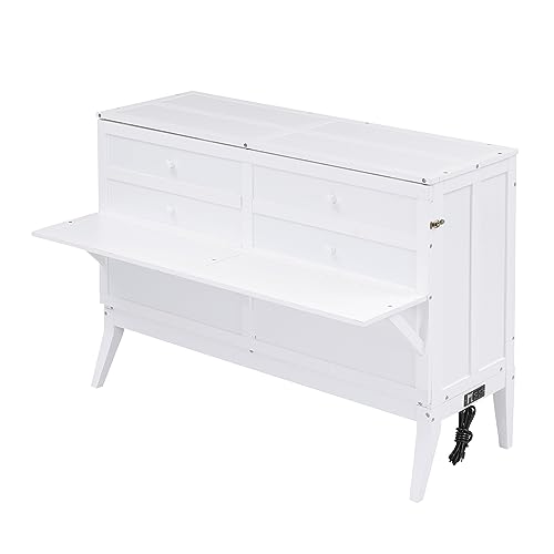 SOFTSEA Queen Size Murphy Bed with Bookcase, Bedside Shelves and Big Drawer, Storage Folding Wall Bed for Office Home Small Room Study, White