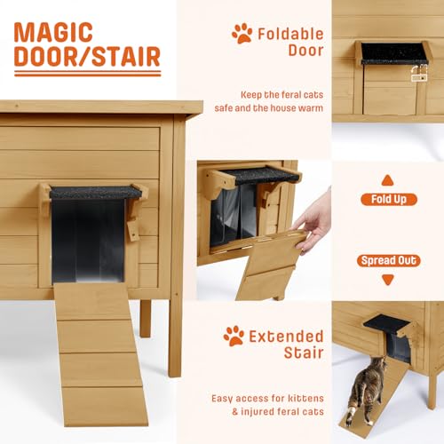 BRIOPAWS Outdoor-Cat-House-Insulated | Feral-Cat-Shelter for Winter | Weatherproof | Large Wooden Pet House for Multiple Cats | Foldable Ladder | Acrylic Side Window | Grey