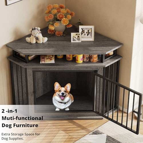 IRONCK 51" Corner Wooden Dog Crate Furniture with 2-Tier Shelves, Pet Kennel for Large Dogs, Space-Saving Dog Cage Indoor, Rustic Brown (26.7" L x 51.2" W x 33.5" H)