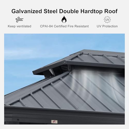 PURPLE LEAF 10' X 14' Permanent Hardtop Gazebo Aluminum Gazebo with Galvanized Steel Double Roof for Patio Lawn and Garden, Curtains and Netting Included, Grey