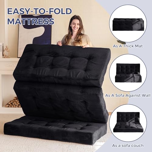 MAXYOYO Tri-Fold Mattress, 6 Inch Tufted Folding Mattress Full Foam Bed, Foldable Floor Mattress Guest Bed Mattress Topper Portable Camping Sleeping Bed with Corded Fabric, Black, 53"x75"