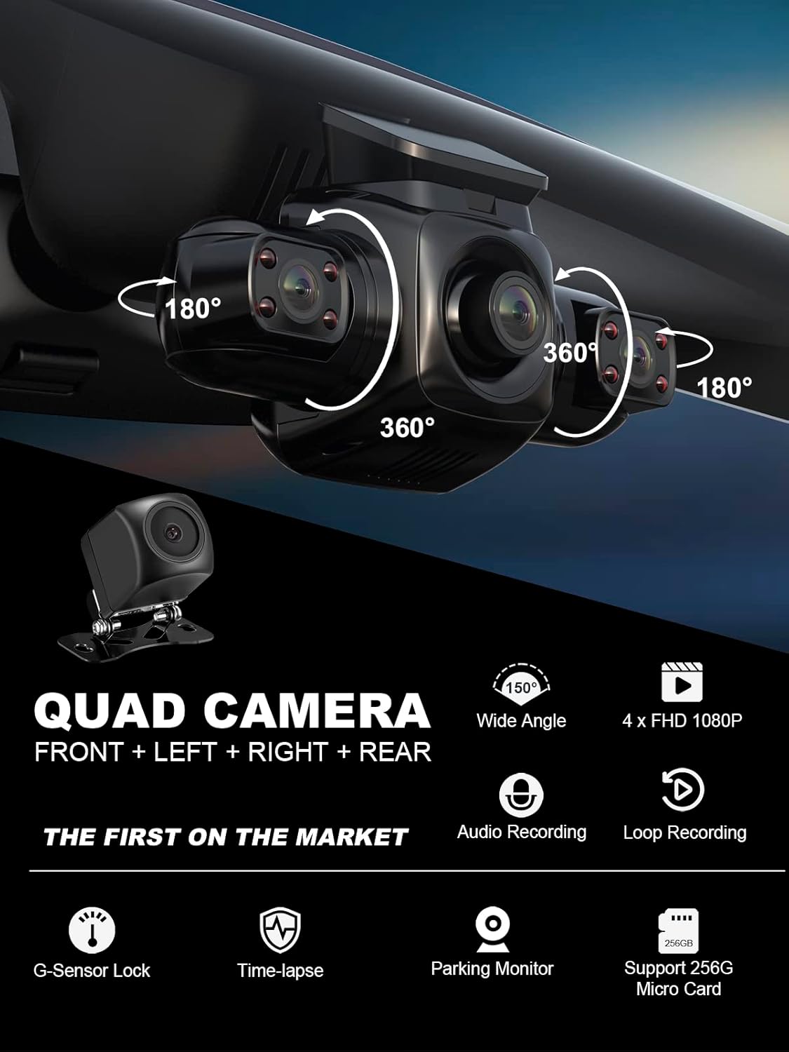 4 Channel Dash Cam Front and Rear Inside Left Right FHD 1080P Dash Camera for Cars, Built-in WiFi, Free 64GB Card
