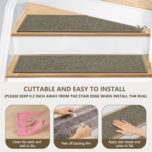Stair Treads Non Slip for Wooden Steps Indoor, KOOTETA 15 Pack 8" X 30" Carpet Stair Treads with Reusable Adhesive for Kids Elders and Dogs, Surface Polyester TPR Backing Stair Runner Rugs, Dark Grey
