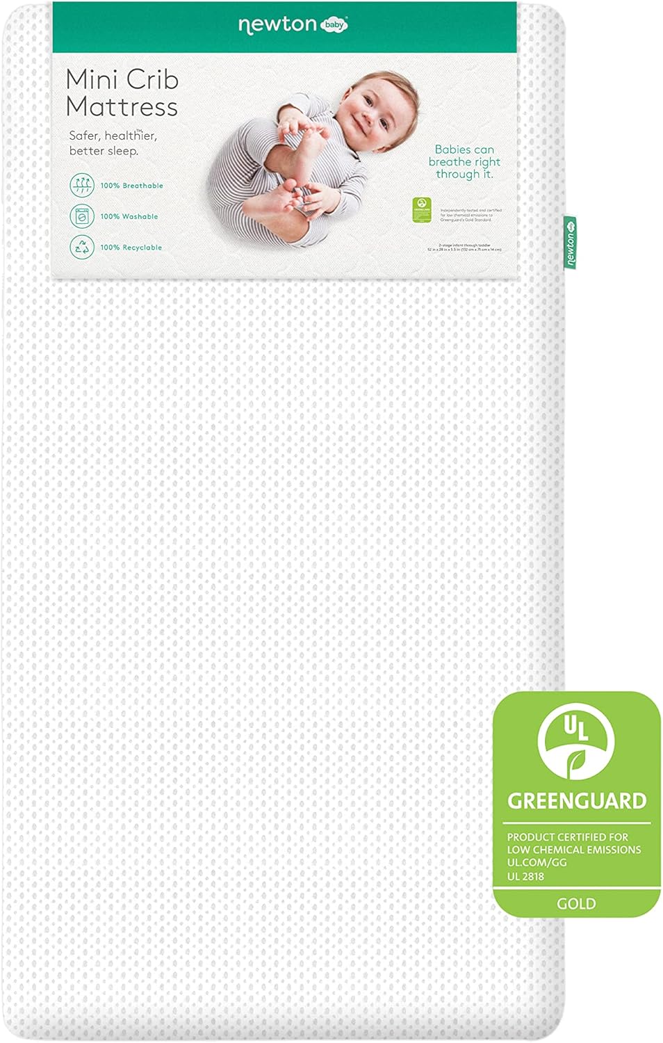 Newton Baby Mini Crib Mattress 24 x 38 - 100% Breathable Proven to Reduce Suffocation Risk, 100% Washable - Removable Cover Included, GREENGUARD Gold