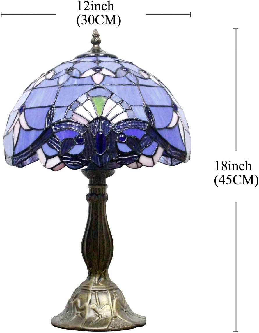 WERFACTORY Tiffany Lamp Stained Glass Table Lamp 12X12X18 Inches Blue Purple Baroque Style Lavender Bedside Reading Desk Light Decor Bedroom Living Room Home Office S003C Series