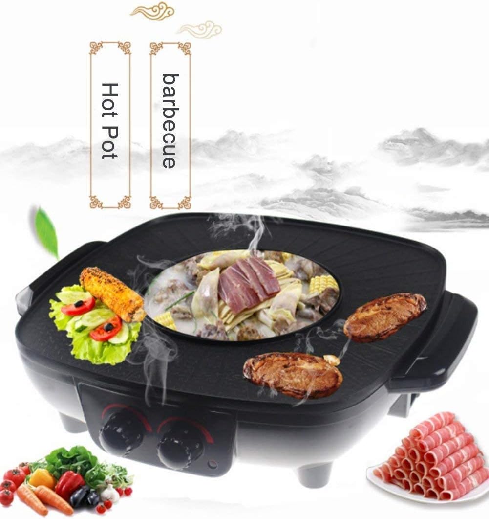 Korean Barbecue Hot Pot Double Pot, Integrated Cooker Pot, Smokeless Non-Stick Barbecue Grilled Shabu-Shabu Electric Hot Pot Electric Barbecue Electric Baking Pan, 1700W