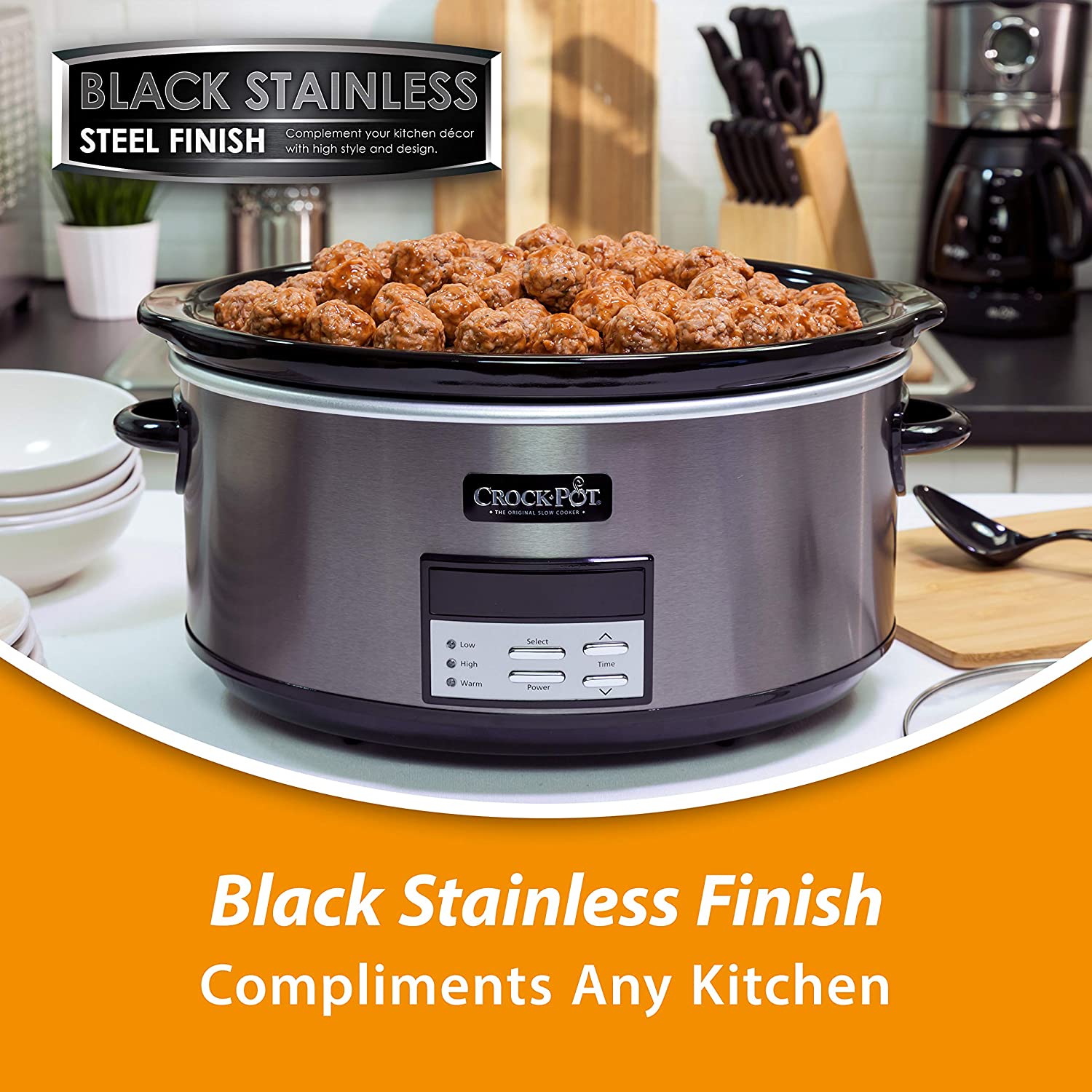 Crock Pot Slow Cooker|8 Quart Programmable Slow Cooker with Digital Countdown Timer, Black Stainless Steel - SCCPVFC800-DS