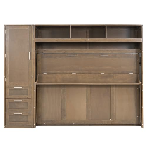 Full Size Murphy Bed with Wardrobe, Solid Wood Wall Bed with Drawers and Open Shelves, Muti-Functional Platform Bed Frame for Kids Teens Adult Bedroom, Space Saving Design (Antique Grey)