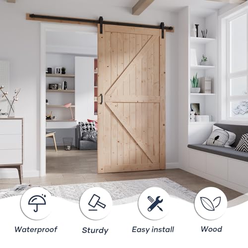 FREDBECK 48in x 80in Sliding Wood Barn Door with 8FT Barn Door Hardware Kit Included K Shape Solid Spruce Panel Sliding Door Double Surfaces Need to Assembly