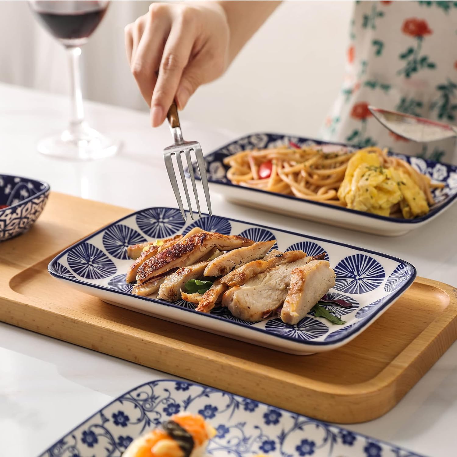 Selamica Ceramic 16 Pieces Dinnerware Set for 4 + 8 Inch Rectangular Salad Plates, Vintage Blue