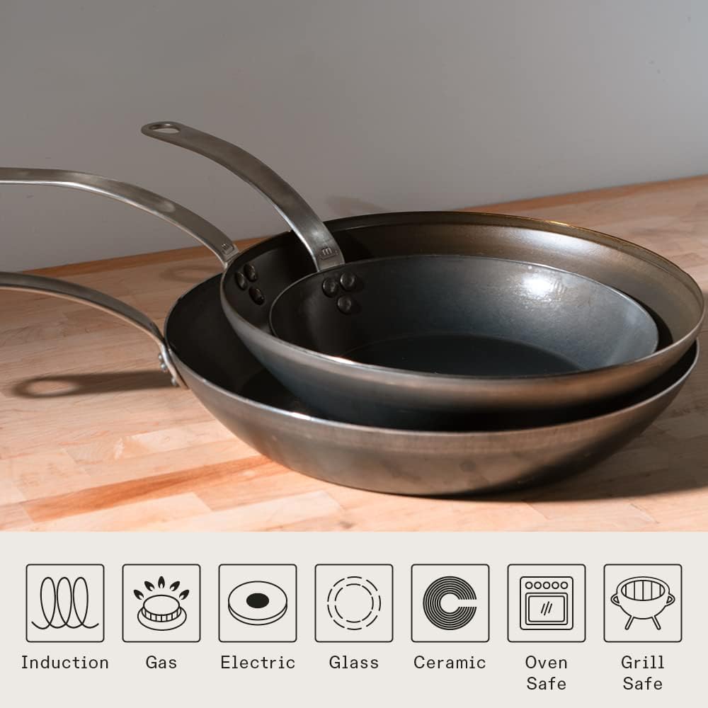 Made In Cookware - 3-Piece (Includes 8",10",12") Blue Carbon Steel Frying Pan Set - (Like Cast Iron, but Better) - Professional Cookware - Crafted In France - Induction Compatible