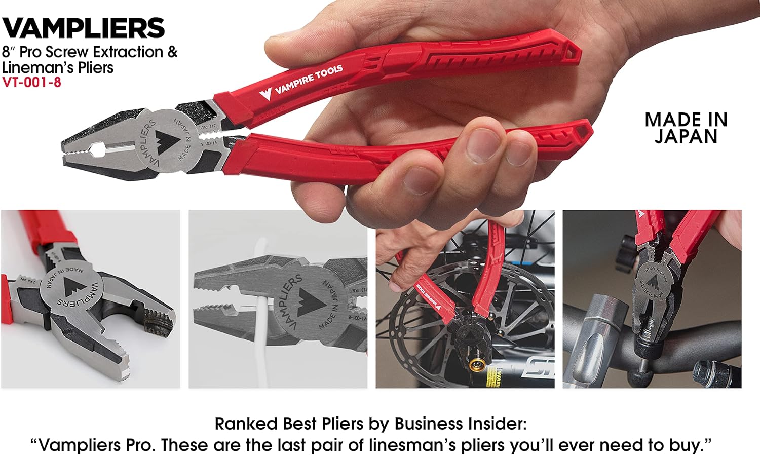VAMPLIERS 4-Piece Screw Extractor Pliers Tool Set. High Carbon Steel. Made in Japan: 8" Linesman Combination Pliers, 7" Slip-Joint, 6.25" Multipurpose Pliers & 5" ESD Safe Grip Pliers + Tool Pouch.