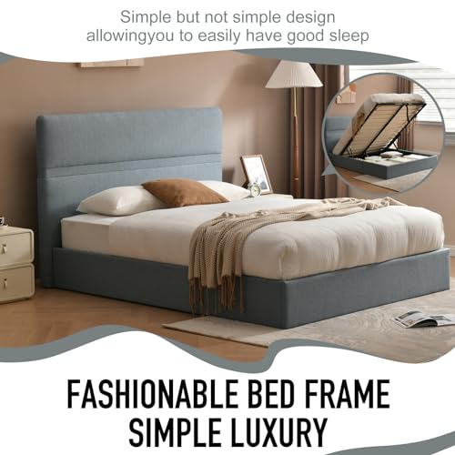 Hydraulic Lift Storage Bed, Queen Upholstered Bed Frame with Linen Headboard, Ample Storage Space, Wooden Slat Support, No Box Spring Required (Beige, Full)