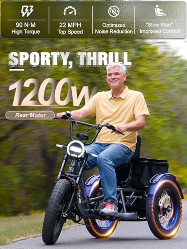 Folding Electric Tricycle for Adults, 1200W Electric Trike, 22MPH 100Miles 3 Wheel Electric Bike, Reverse Gear, Rear Differential, 450lbs Load, F&R Baskets, 4'' Wide Fat Tire, UL Certified