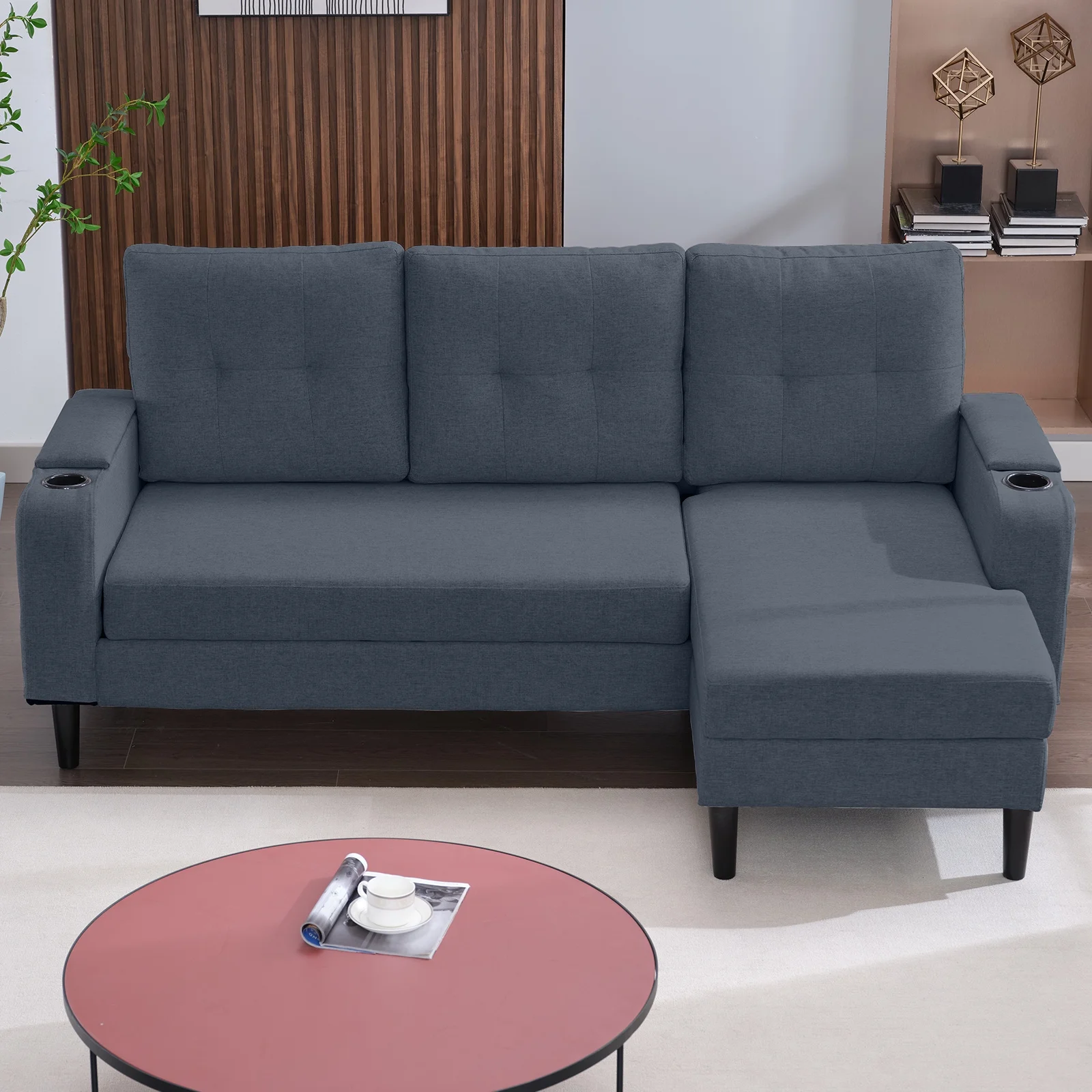 ijuicy Pull Out Sofa Bed, 3-Seat Pull Out Couch Bed with Linen Upholstered, 80” Sleeper Sofa with Storage Armrest & Cupholders, L-Shape Sectional Sleeper Sofa for Living Room, Apartment Dark Grey