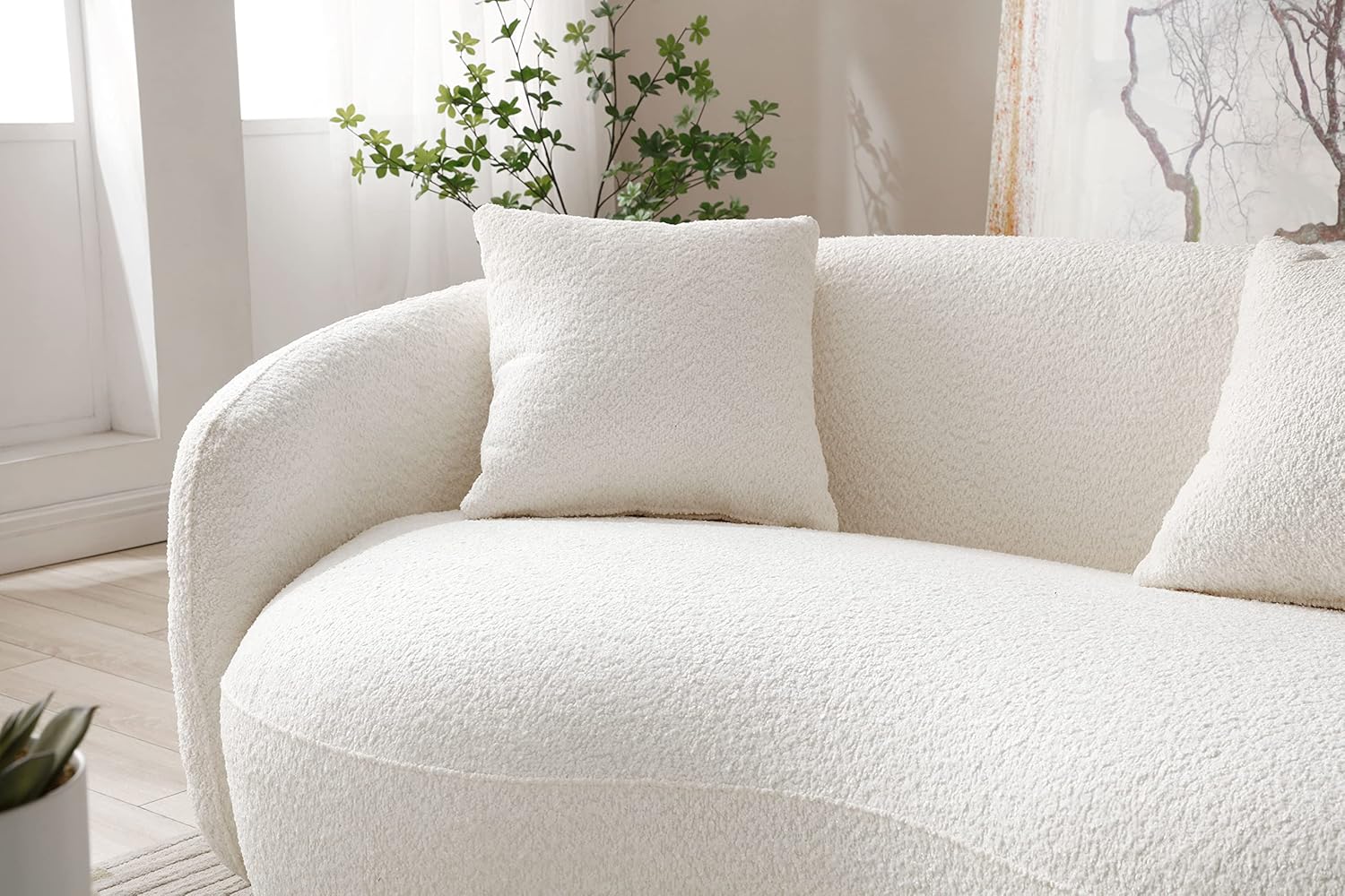 Unique Curved Sofa,Modern Boucle Upholstered Cloud Couch with 3 Throw Pillows, 4-Seat Teddy Fleece Leisure Sectional Sofa&Couch Lounge Chaise for Living Room, Office, Apartment, Beige 93.6"