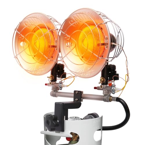 Propane Tank Top Heater, CAMPLUX Outdoor Tanktop Heater with Tip-Over Switch for Garage, Camping, Hunting, Double Burner Heavy Duty Steel 30,000 BTU