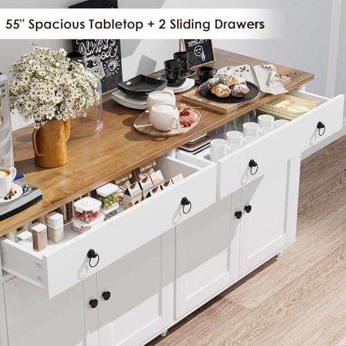4 EVER WINNER Buffet Cabinet with Storage, 55" Sideboard Buffet Cabinet with 2 Drawers and 4 Doors, Modern Farmhouse Coffee Bar Cabinets, Wood Buffet Table for Kitchen, Dining Room, White