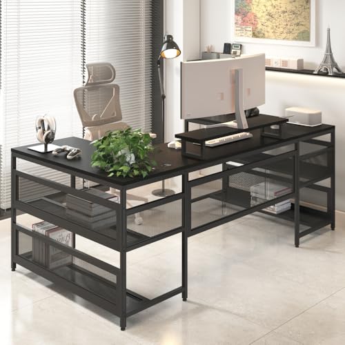 U Shaped Desk with Shelve & LED Lights, 82" Reversible L Shaped Desk with Drawers, 2 Person Corner Computer Desk Home Office Desk Gaming Table with Monitor Stand & Storage Shelves (Black + MDF)