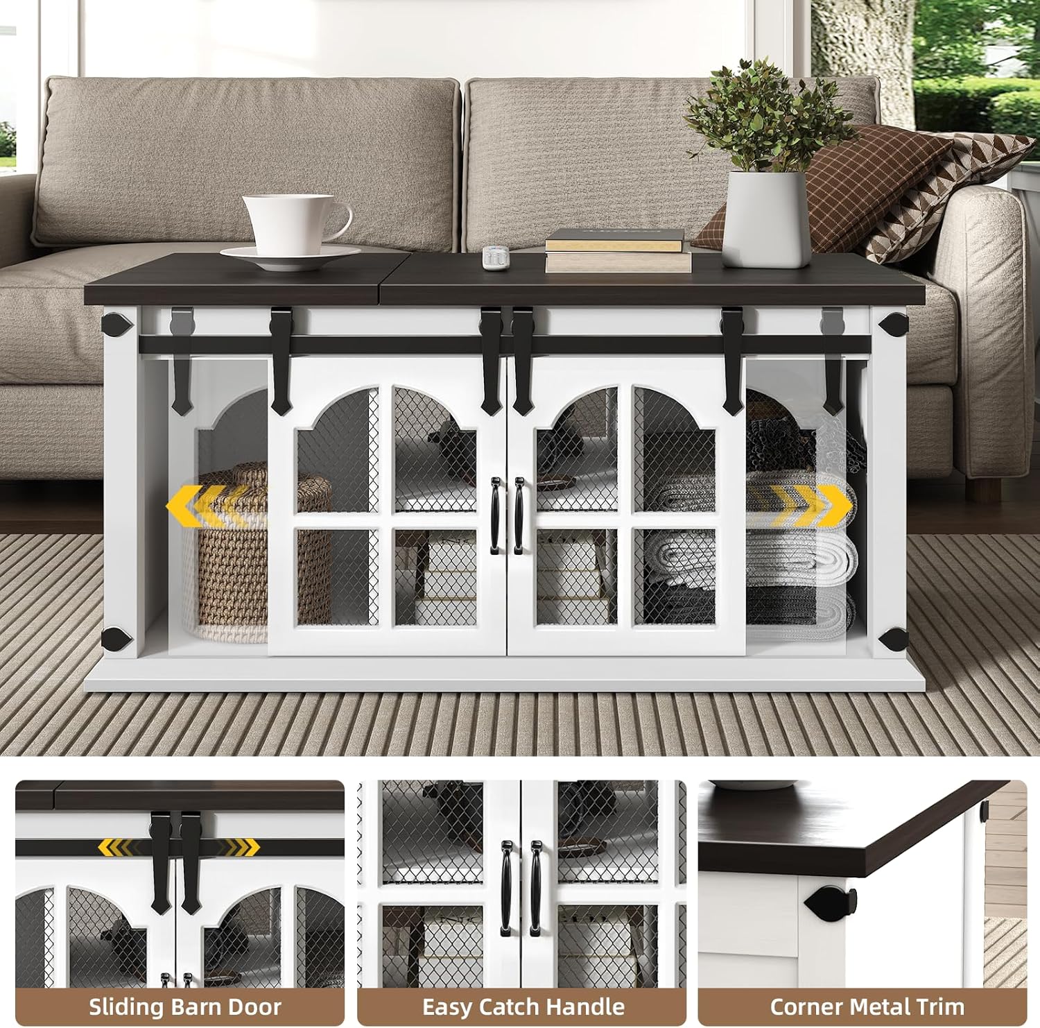 Lift Top Coffee Table with Storage,Farmhouse Coffee Table with Sliding Barn Door,Rustic Center Table with Shelves,Wood Storage Coffee Table with Lifting Top for Living Room,Office,White