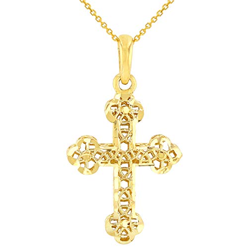 14k Yellow Gold Textured Filigree Christian Orthodox Cross Charm Pendant Necklace