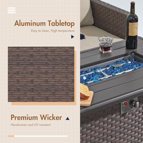 SUNSITT Outdoor Fire Pit Table 43 Inch Wicker Propane Fire Pit with Aluminum Tabletop 50,000 BTU Gas Firepit with Fire Glass, Lid, Cover, Taupe Rattan