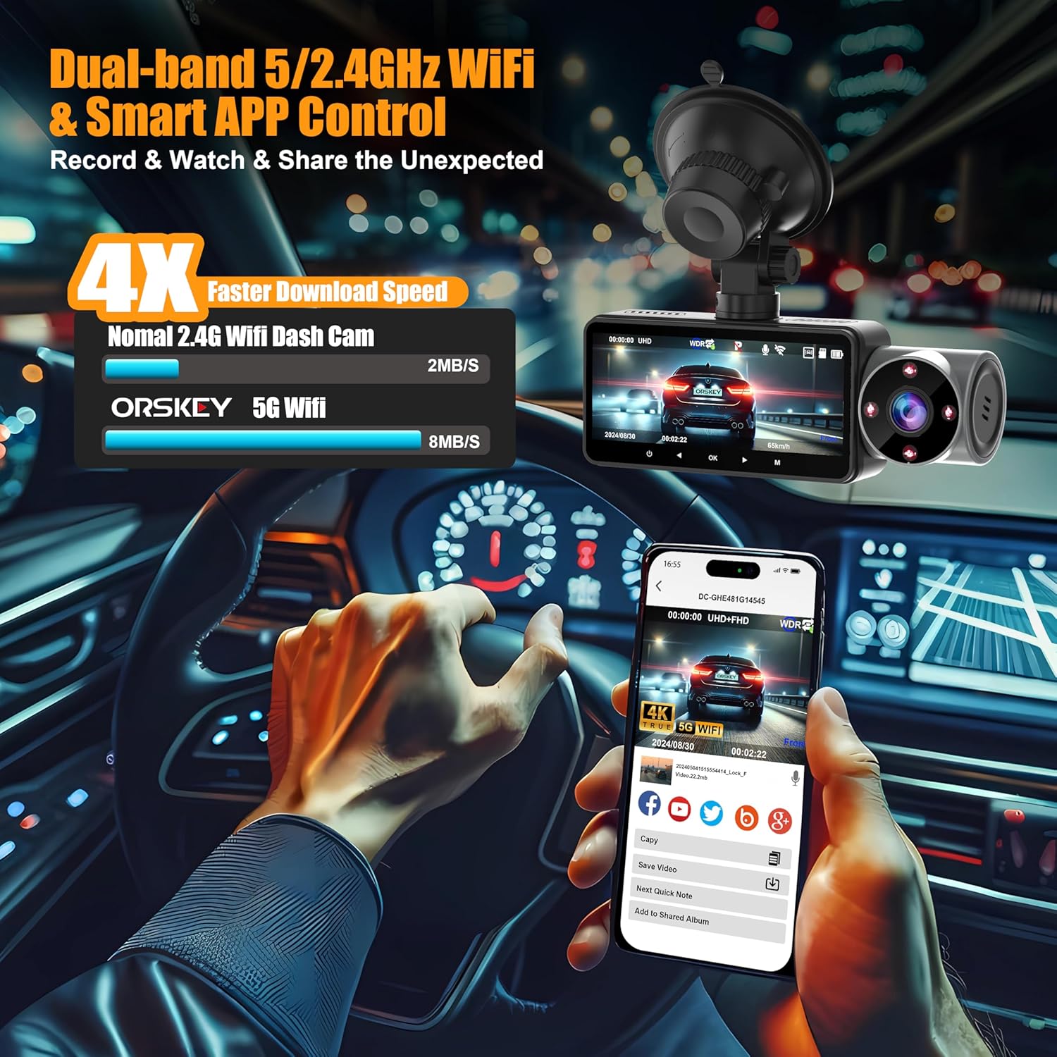 4K Dash Cam Front and Rear Inside 5G WiFi, 64GB Card, Orskey 4K+1080P Dashcam Built-in GPS, 3 Channel Dash Camera for Cars, 3.16" IPS Display, Night Vision, APP Control,24H Parking Mode,Max 256GB