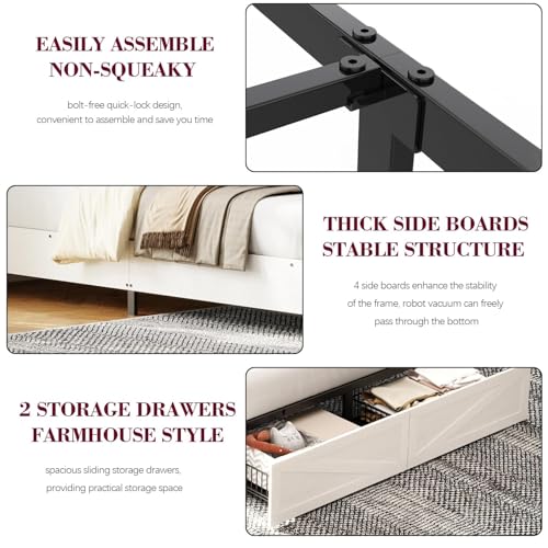 Twin Bed Frame with Bookshelf, Bookcase High Headboard with Charging Station and LED Light, Farmhouse Bed with Storage Drawers, No Box Spring Needed, Noise Free, Easy Assembly, Antique White
