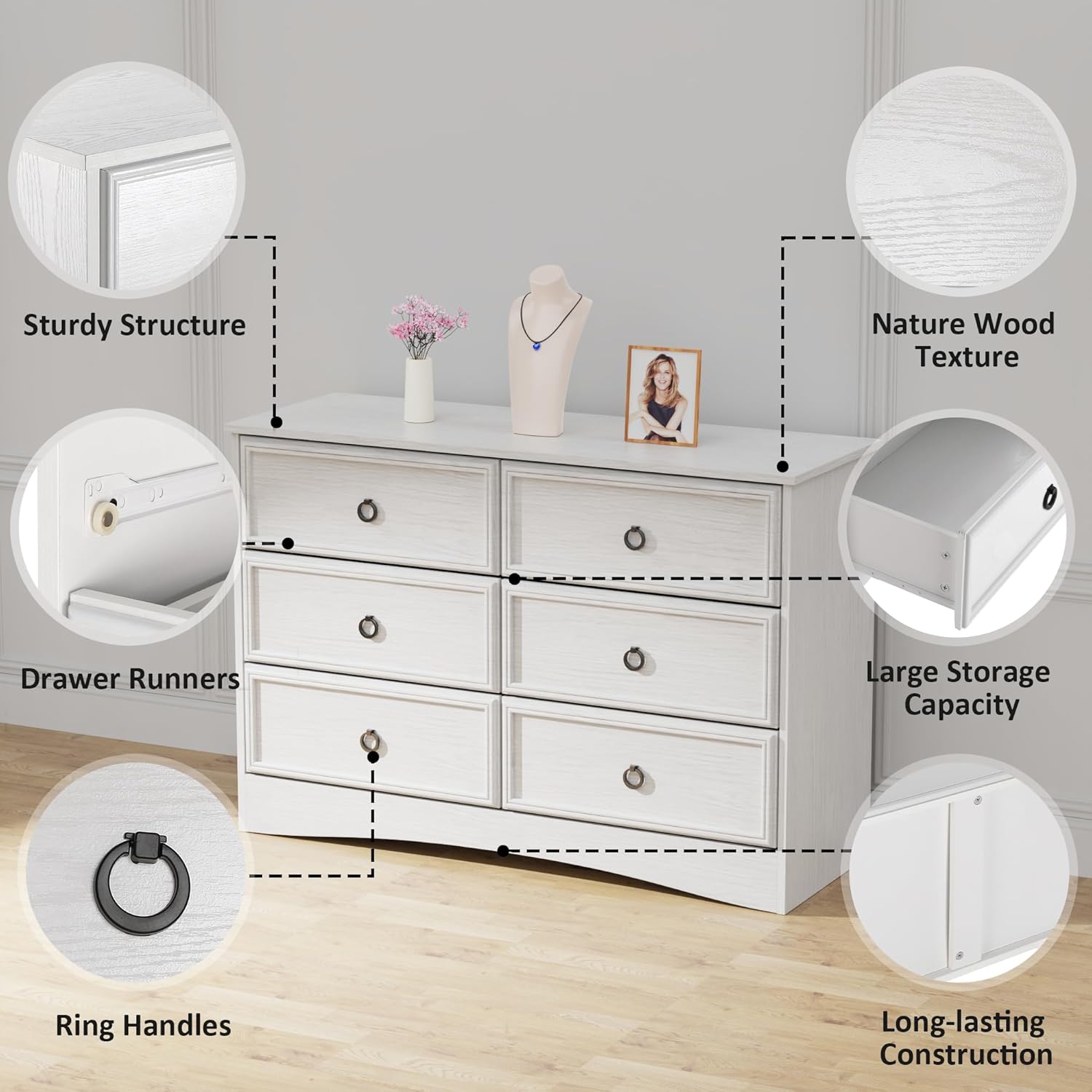 Modern 6 Drawer Dresser, Dressers for Bedroom, Large Chest of Drawers Closet Organizers and Storage Clothes - Easy Pull Handle, Textured Borders Living Room, Hallway, White