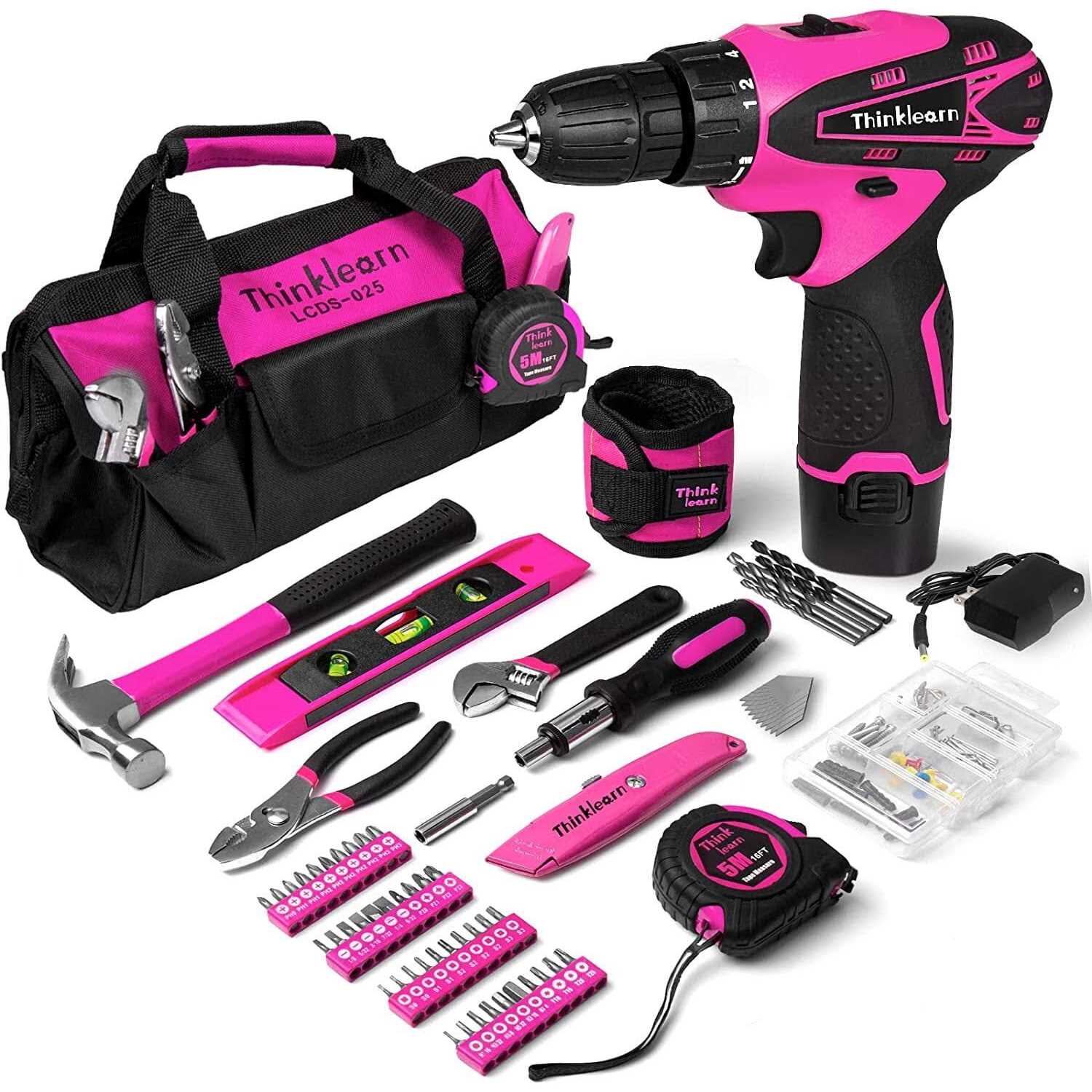ThinkLearn Pink Drill Set for Women, 137 Piece Hand and Power Tool Set with 12V Cordless Drill - Shop Hardware Tools Online Store
