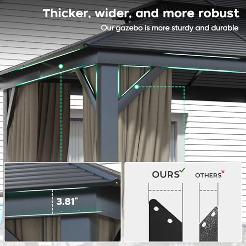 Hardtop Gazebo 10x12FT,Heavy Duty Metal Pavilion with 4.92'' Square Pillar,Aluminum Wood Grain Outdoor Gazebos Double Roof,Patio Gazebo with Curtain & Netting for Backyard,Deck,Lawn