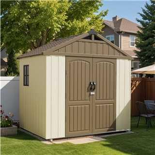 Patiowell 8 x 12 FT Plastic Outdoor Storage Shed with Floor, Resin Shed with Window and Lockable Door for Garden, Backyard, Tool Storage Use, Easy to Install in Beige (Kick-it Shed)