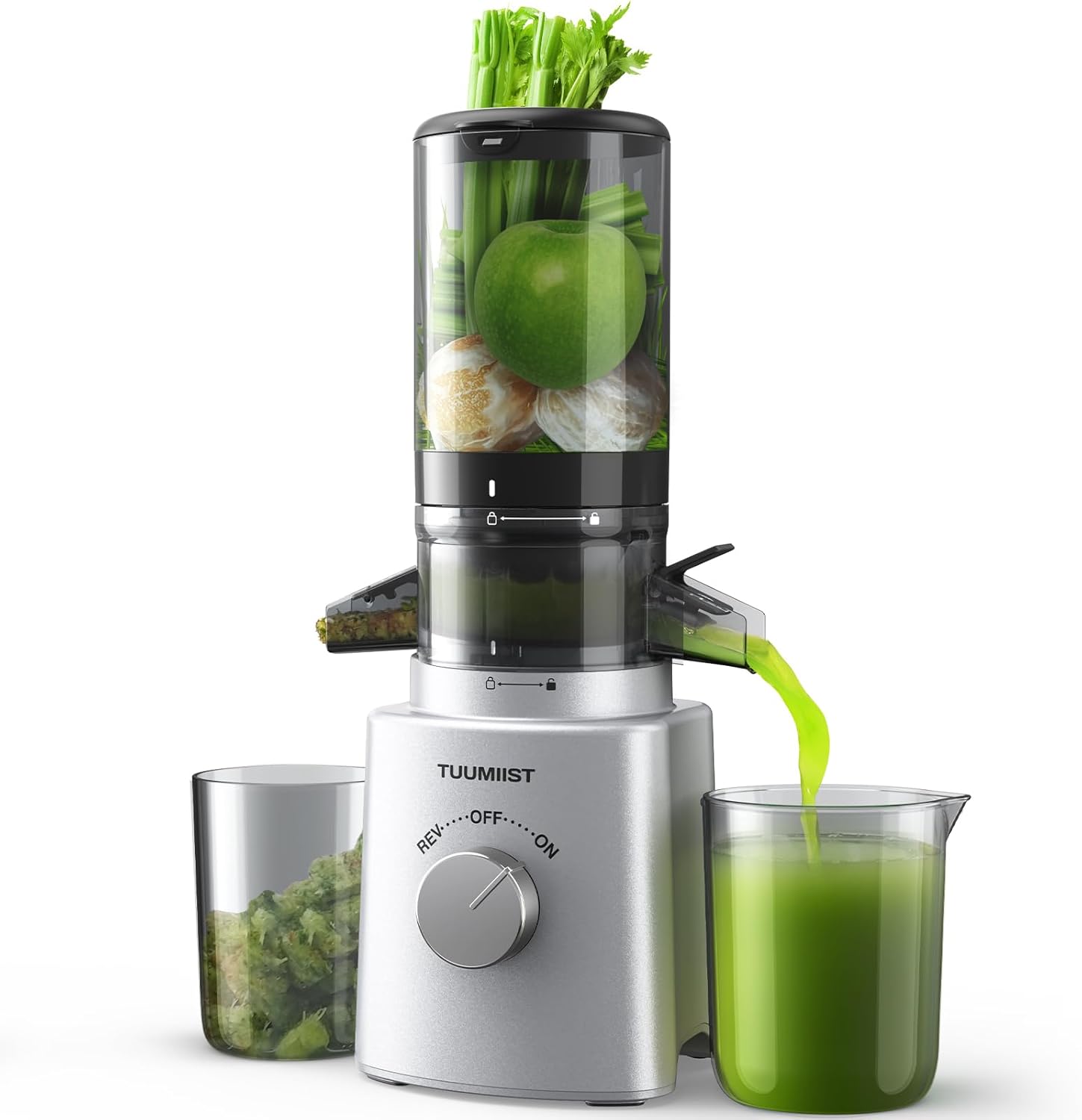 Juicer Machines, TUUMIIST Cold Press Juicer with 4.25'' Large Feed Chute Fit Whole Vegetable And Fruit, Masticating Juicer Easy To Clean, BPA Free(Silvery)