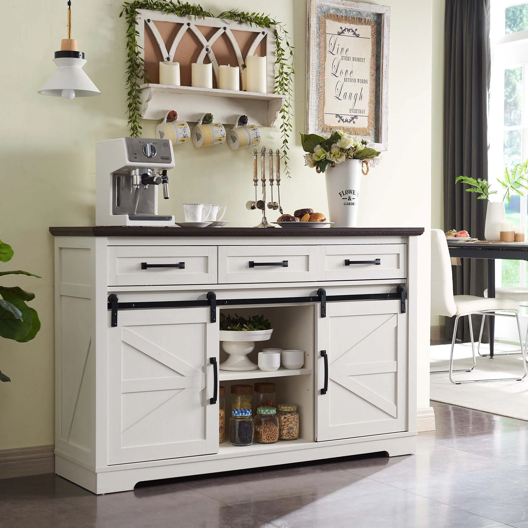 SinCiDo Farmhouse Buffet Cabinet, 53” Sideboard Cabinet w/3 Drawer, Rustic Storage Cabinet w/Sliding Barn Door, Coffee Bar for Dinning Room, Kitchen, Hallway, and Living Room, White