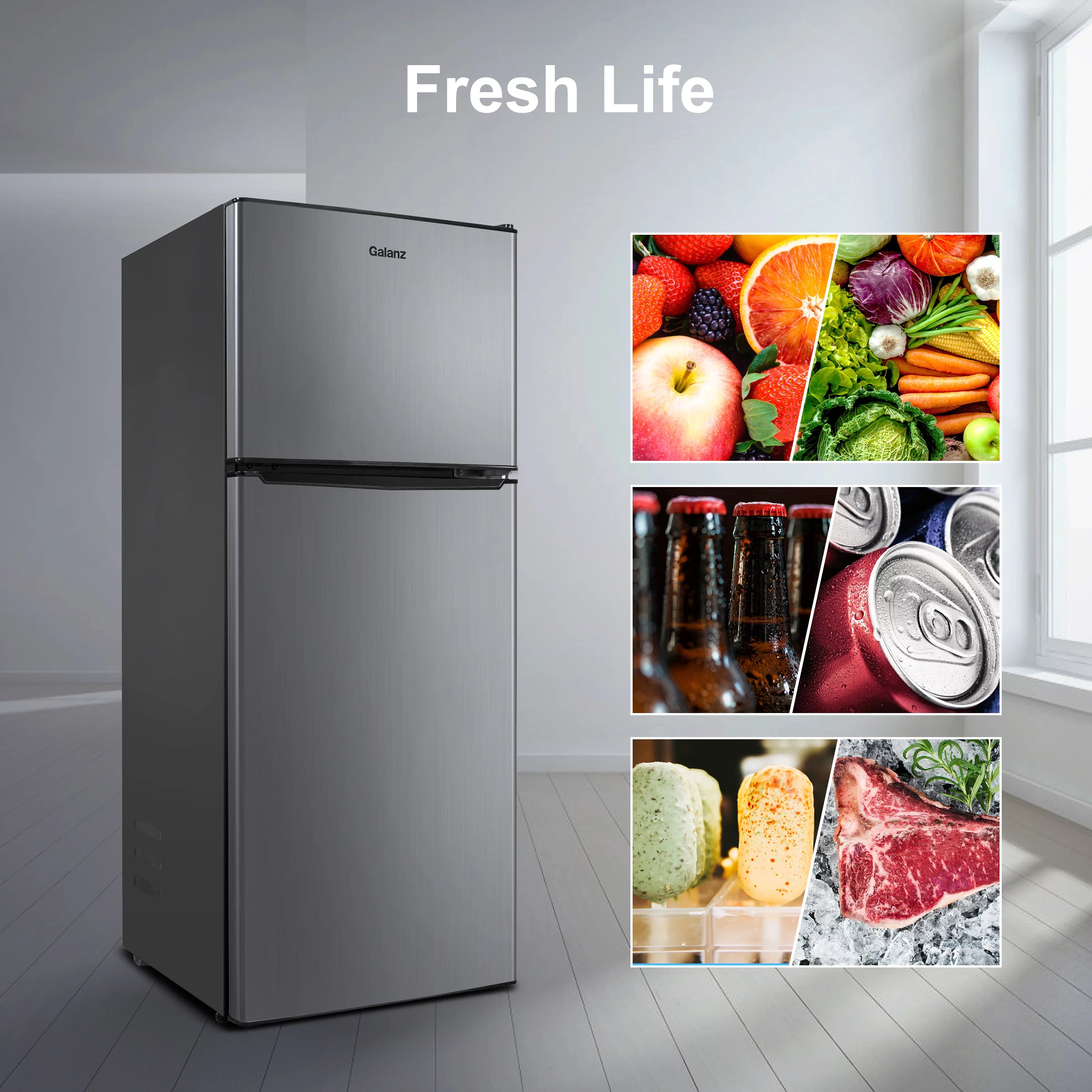 Galanz 4.6. Cu ft Two Door Mini Refrigerator with Freezer, Stainless Steel, New, Width 19.13"