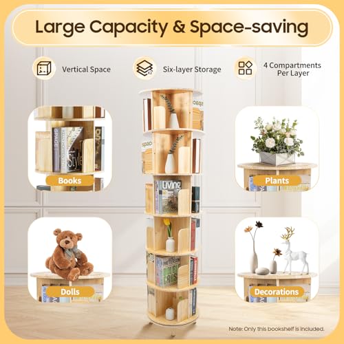 Rotating Bookshelf, 360 Display 4 Tier Floor Standing Bookcase Storage Rack for Kids&Adult, Corner Bookshelf, Wood Narrow Book Shelf Organizer for Bedroom, Living Room, Study Room, (4 Tier)