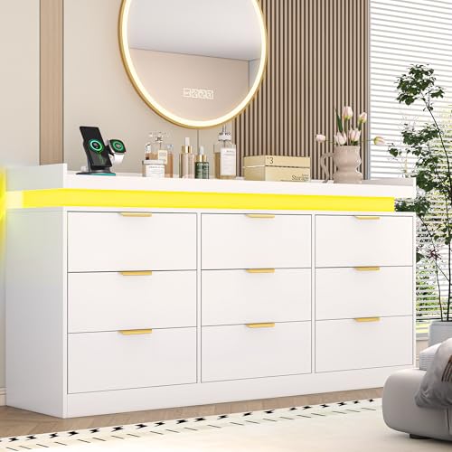 White Dresser with LED Lights, Wooden LED Dresser, 4 Drawer Chest with Charging Station, Tall Chest of Drawer Closet Organizer for Bedroom, Living Room, Entryway, Hallway