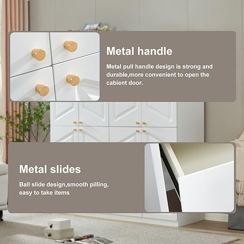 Wooden Armoire Wardrobe Closet Cabinet, 4 Door 2 Drawers White Cabinet for High Storage Capacity, Tall Cabinet Closet Wardrobe with 2 Shelves and Hanging Rod 63" L x 20.3" W x 72" H