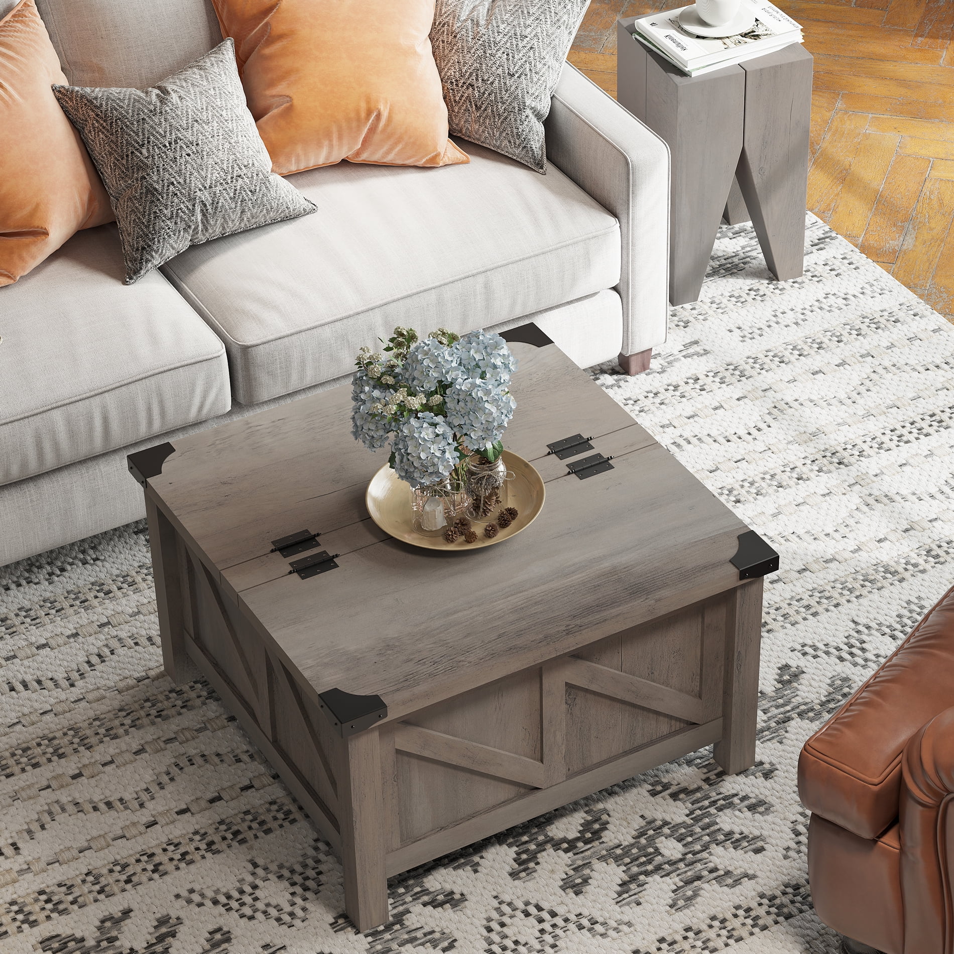 WAMPAT Farmhouse Coffee Table, Square Wood Center Table with Gas Struts Lift-Top for Extra Large Hidden Storage, Metal Bracket Corner, Z-Shaped,Grey