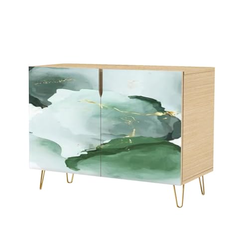 Mid Century Sideboard Buffet Kitchen Storage Cabinet with 2 Doors Realistic Marble Gold White Texture Seamless Abstract Cupboard Console Table Bar Cabinet for Dining Room Hallway
