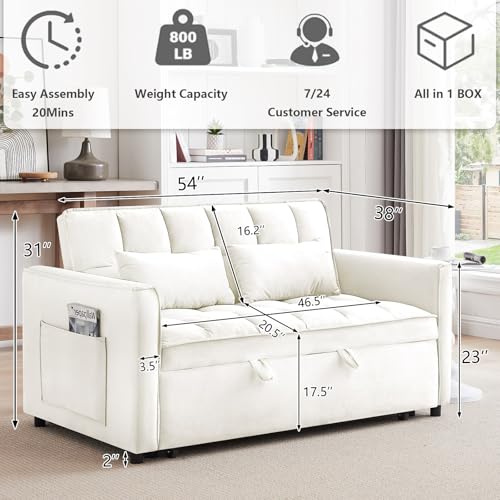 3 in 1 Convertible Sleeper Sofa Bed,Futon Loveseat Couch with Pull-Out Bed & Adjustable Backrest,Velvet Fabric Sofa with Side Pocket for Small Apartment, Living Room, Office (Black)